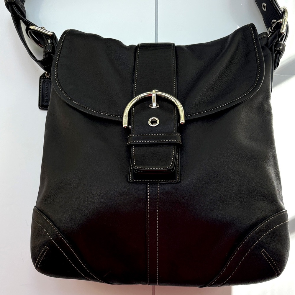 Vintage Coach Black Leather SoHo Flap Shoulder Bag with Nickel Hardware - Mint